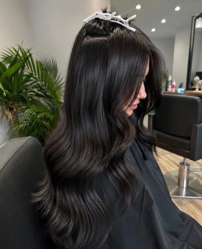 Soft black hair color for light olive skin with a glossy finish and natural-looking dark depth.
