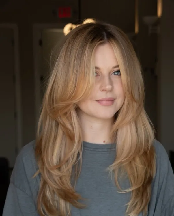 Strawberry blonde hair blending golden blonde with soft reddish tones for a warm, natural-looking finish.