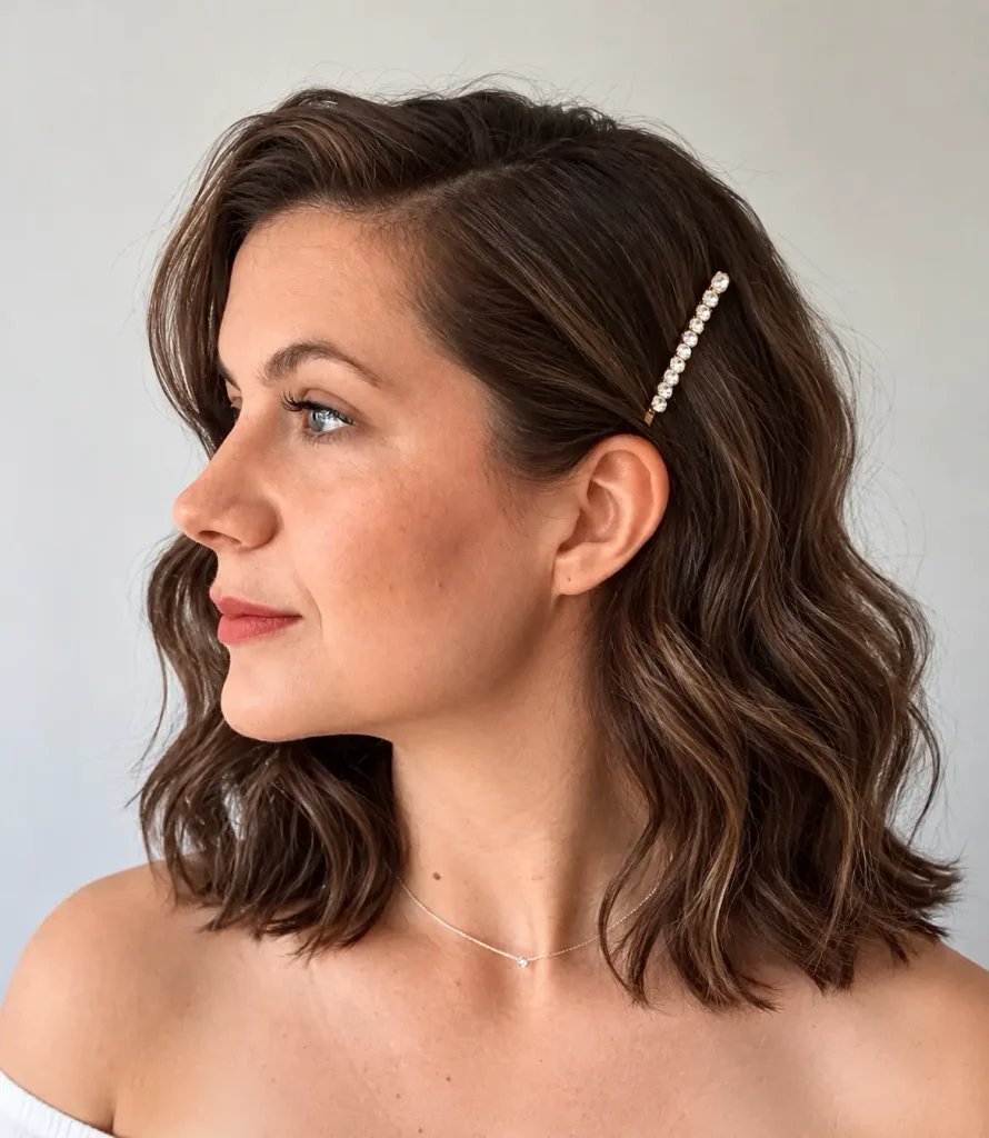 Dark brown shoulder-length hair with relaxed, tousled beach waves