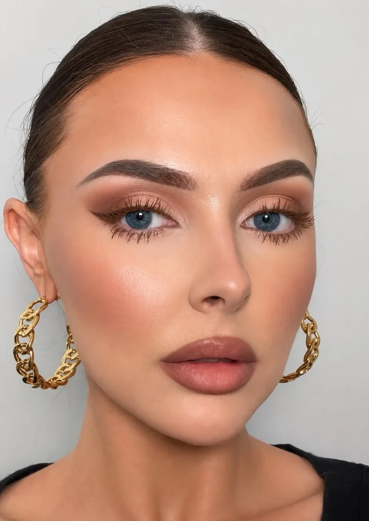 Woman wearing true brown mascara on her lashes with blue eyes and natural eye makeup