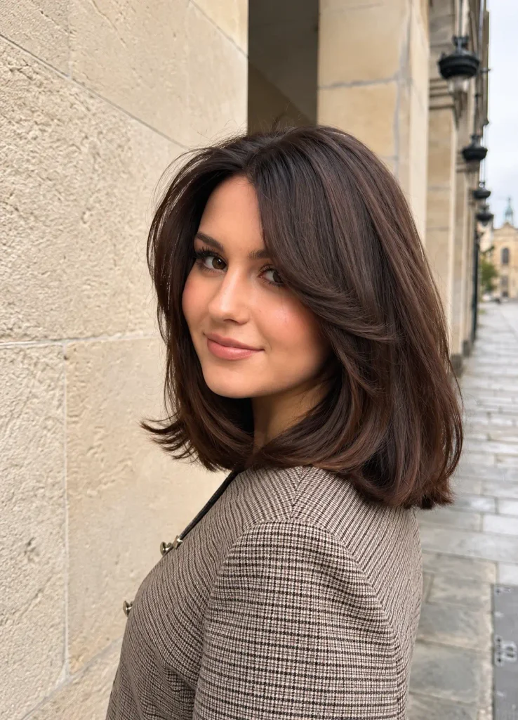 Dark brown shoulder-length hair styled in a voluminous blowout with rounded ends