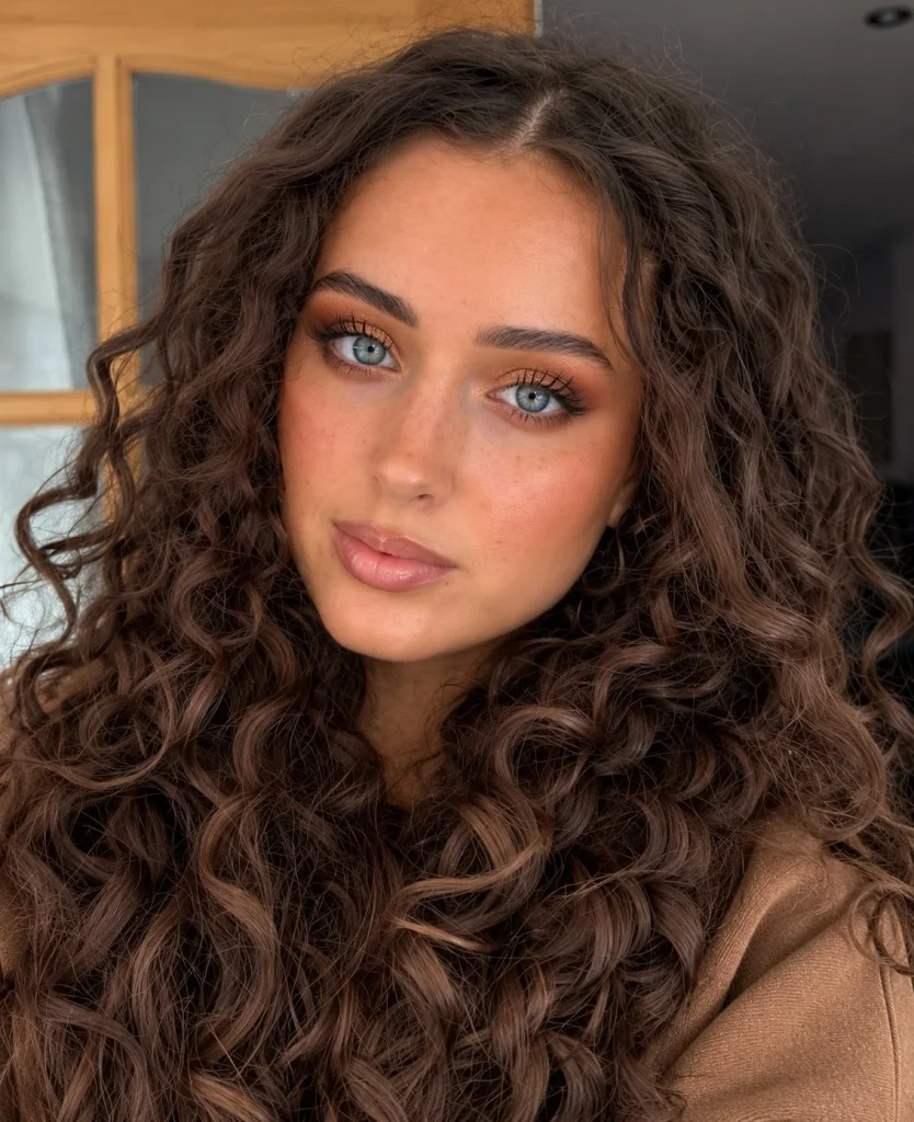 Close-up of blue eyes wearing warm copper eyeshadow across the lids with chocolate brown blended through the crease.