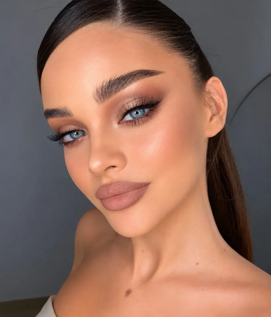 Blue eyes with warm taupe eyeshadow softly defining the crease and a subtle shimmer across the lids.
